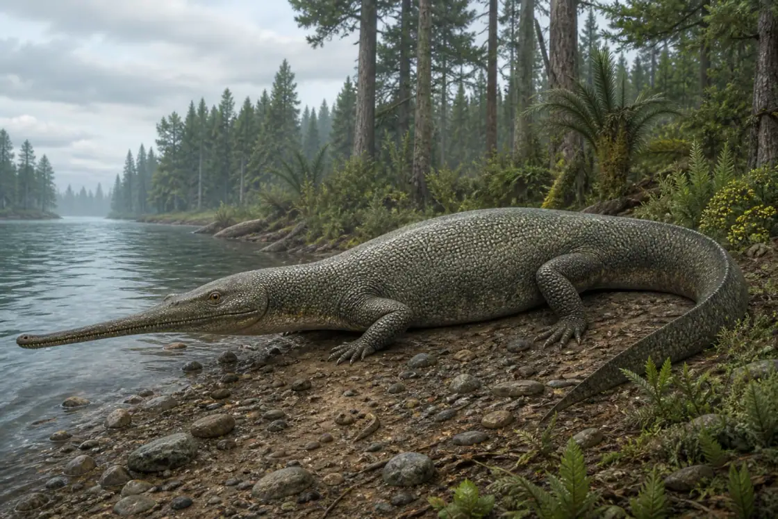 Champsosaurus (Champsosaurus gigas) · Reconstitution originale générée par IA