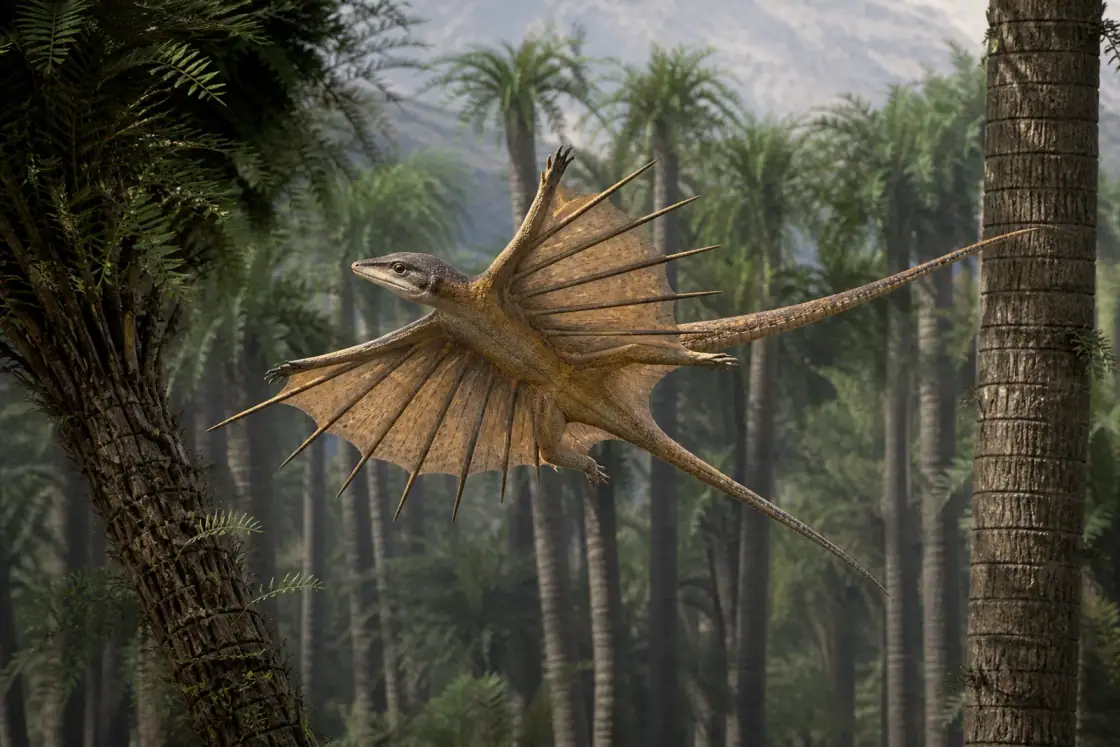 Cœlurosauravaus (Coelurosauravus jaekeli) · Reconstitution originale générée par IA