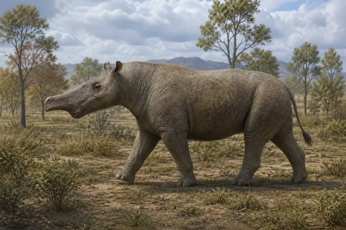柱角兽 (Embolotherium andrewsi) · 原创 AI 生成复原图