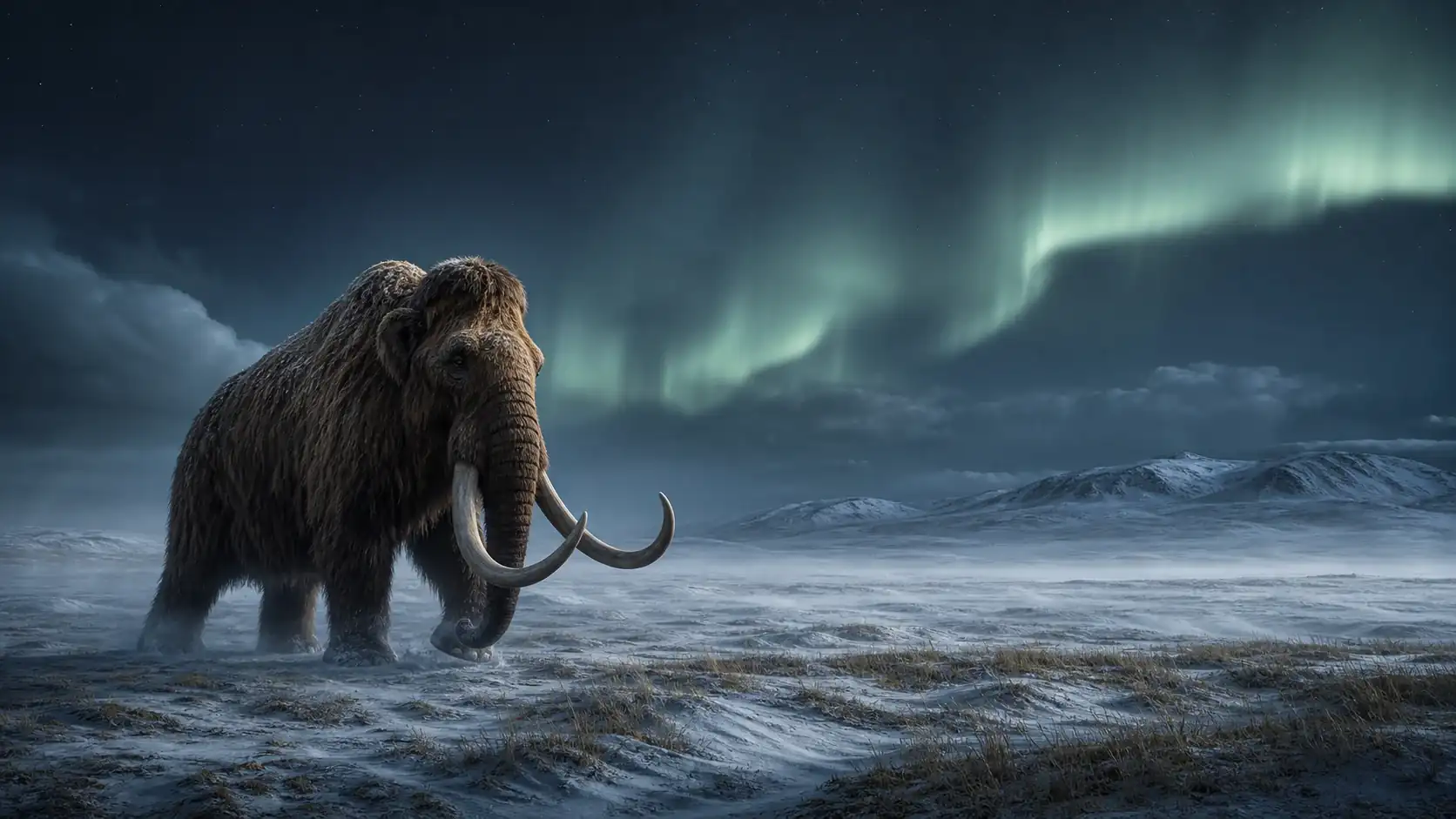 Scientific reconstruction of a woolly mammoth crossing an Arctic plain beneath the aurora