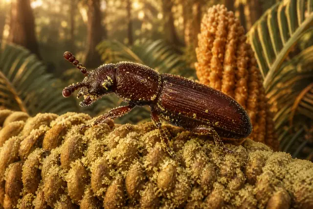 Cycad-pollinating Beetle (Cretoparacucujus cycadophilus) · scientific reconstruction