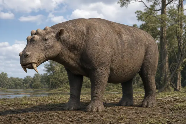Uintatherium (Uintatherium anceps) · reconstrucción científica